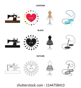 Needle and thread, sewing machine, pincushion, dummy for clothing. Sewing and equipment set collection icons in cartoon,black,outline style vector symbol stock illustration web.