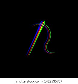 Needle with thread. Sewing needle, needle for sewing. Red, green and blue unfocused contour icon at black background. Illustration.