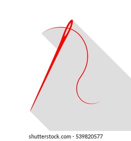 Needle with thread. Sewing needle, needle for sewing. Red icon with flat style shadow path.