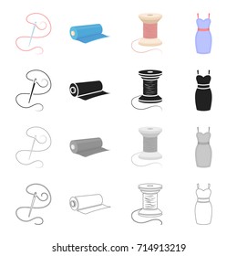 Needle with thread, sewing thread reel, fabric roll, dress. Sewing and equipment set collection icons in cartoon black monochrome outline style vector symbol stock illustration web.