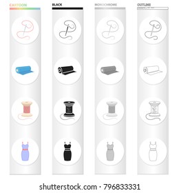 Needle with thread, sewing thread reel, fabric roll, dress. Sewing and equipment set collection icons in cartoon black monochrome outline style vector symbol stock illustration web.