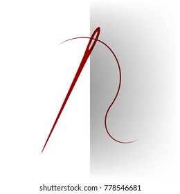 Needle with thread. Sewing needle, needle for sewing. Vector. Bordo icon on white bending paper background.