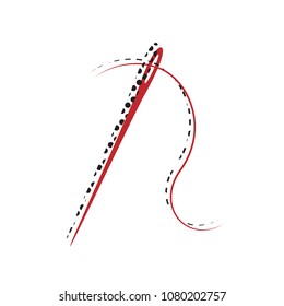 Needle with thread. Sewing needle, needle for sewing. Vector. Brown icon with shifted black circle pattern as duplicate at white background. Isolated.