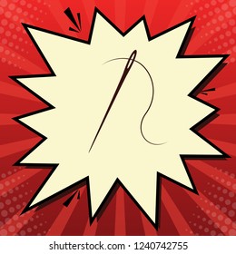 Needle with thread. Sewing needle, needle for sewing. Vector. Dark red icon in lemon chiffon shutter bubble at red popart background with rays.