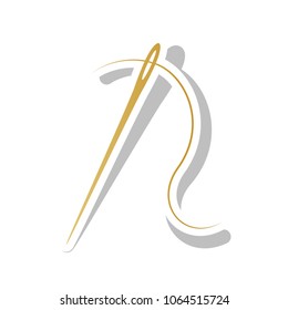 Needle with thread. Sewing needle, needle for sewing. Vector. Golden gradient icon with white contour and rotated gray shadow at white background.