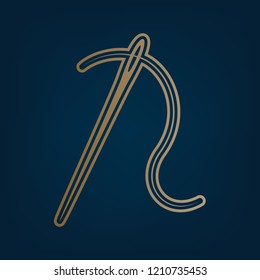 Needle with thread. Sewing needle, needle for sewing. Vector. Golden icon and border at dark cyan background.