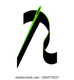 Needle with thread. Sewing needle, needle for sewing. Vector. Green 3d icon with black side on white background. Isolated.