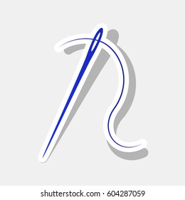 Needle with thread. Sewing needle, needle for sewing. Vector. New year bluish icon with outside stroke and gray shadow on light gray background.