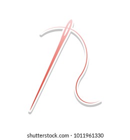 Needle with thread. Sewing needle, needle for sewing. Vector. Reddish icon with white and gray shadow on white background. Isolated.