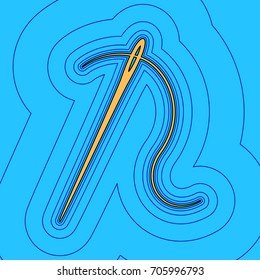 Needle with thread. Sewing needle, for sewing. Vector. Sand color icon with black contour and equidistant blue contours like field at sky blue background. Like waves on map - island in ocean or sea.