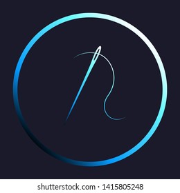 Needle with thread. Sewing needle, needle for sewing. White, cyan and blue gradient icon as round button in white shell at dark blue background. Illustration.