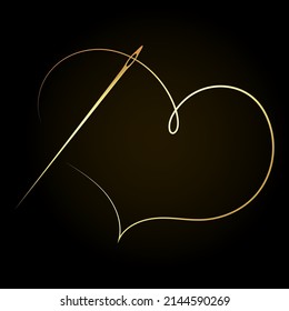 Needle and thread in the shape of a golden heart, symbol for cutting and sewing