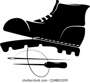 Needle and thread and shoes. Symbol for shoe repair and tailoring