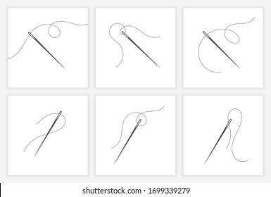 Needle and thread silhouette icon set vector illustration. Tailor logo with needle symbol and curvy thread collection isolated on white background. Handmade craft symbol, tailor skill equipment