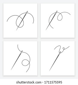 Needle and thread silhouette icon set vector illustration. Tailor logo with needle symbol and curvy thread collection isolated on white background. Handmade craft symbol, tailor skill equipment