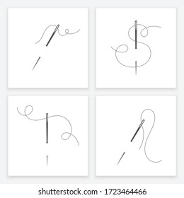 Needle and thread silhouette icon set vector illustration. Tailor logo with needle symbol and curvy thread collection isolated on white background. Tailor sign template, sewing instrument icon design