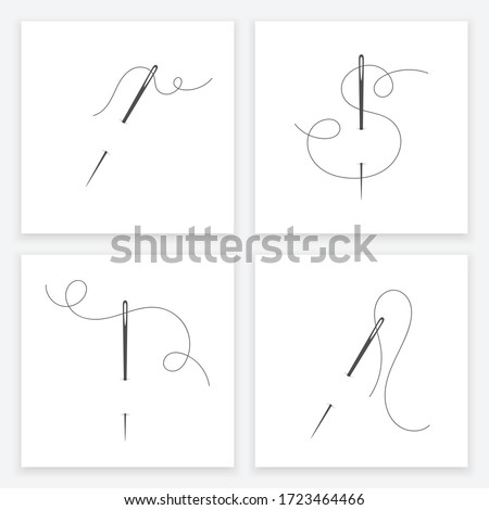 Needle and thread silhouette icon set vector illustration. Tailor logo with needle symbol and curvy thread collection isolated on white background. Tailor sign template, sewing instrument icon design