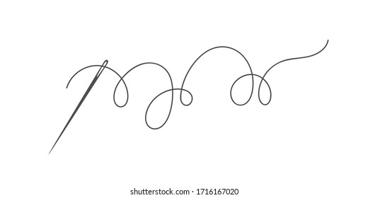 Needle and thread silhouette icon vector illustration. Tailor logo with needle symbol and curvy thread isolated on white background. Tailor sign template, sewing instrument design, fashion icon