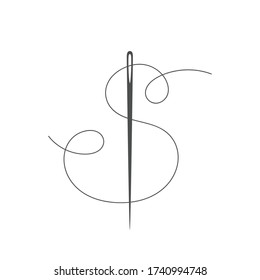 Needle and thread silhouette icon vector illustration. Tailor logo with needle symbol and curvy thread isolated on white background. Handmade craft symbol, tailor equipment, needlework skill