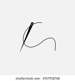 Needle and thread silhouette icon vector illustration. Tailor logo with needle symbol and curvy thread isolated on white background. Tailor logo template, fashion icon element, needlework instrument.