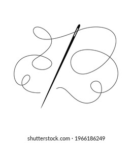 Needle and thread silhouette icon vector illustration. Tailor logo with needle symbol and curvy thread isolated on white background. Tailor logo template, fashion icon element, needlework instrument.