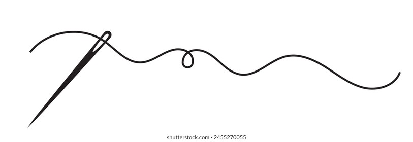 Needle and thread silhouette icon vector illustration. Tailor logo with needle symbol and curvy thread isolated on white background. Tailor logo template, fashion icon element, needlework instrument. 