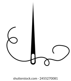 Needle and thread silhouette icon vector illustration. Tailor logo with needle symbol and curvy thread isolated on white background. Tailor logo template, fashion icon element, needlework instrument. 