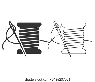 Needle with thread and spool, design for tailor sewing line icon set vector