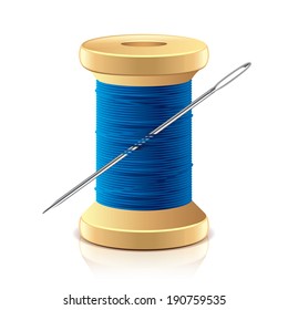 Needle and thread spool isolated on white photo-realistic vector illustration