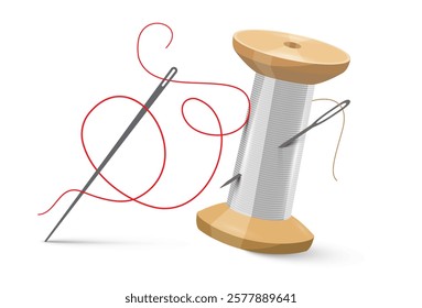 Needle with thread with spool of thread isolated on white background, vector