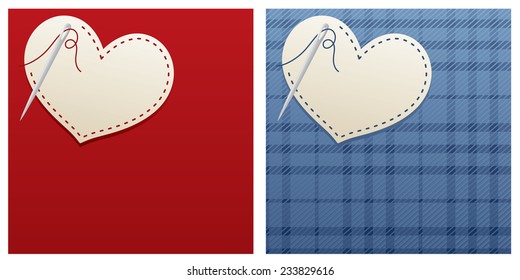 Needle and thread with stitched paper heart on textile and plain background.