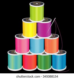 Needle and Threads Pyramid, brights, silver needle, 10 spools of thread stack,  isolated on black for sewing, tailoring, quilting, crafts, needlework, do it yourself projects. EPS8 compatible.
