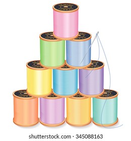Needle and Threads Pyramid, pastels, silver needle, 10 spools of thread stack, isolated on white for sewing, tailoring, quilting, crafts, needlework, do it yourself projects. EPS8 compatible.