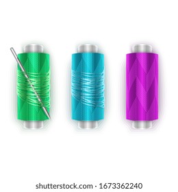 Needle and Threads. Silver needle, stack of 3 spools of vivid thread, isolated on white background for sewing, tailoring, needlework, vector eps 10 illustration