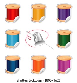 Needle and Threads Stickers, Silver Thimble. Eight jewel colors for sewing, tailoring, quilting, crafts, needlework, do it yourself fashion. Isolated on white background. EPS8 compatible.