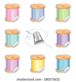 Needle and Threads Stickers, Silver Thimble. Eight pastel colors for sewing, tailoring, quilting, crafts, needlework, do it yourself fashion. Isolated on white background. EPS8 compatible.