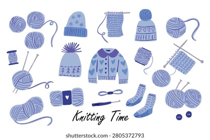 Needle Time knitting clipart set with yarn balls, knitting needles, crochet hooks, knitted sweater, socks, hat and handmade supplies in blue tones. Perfect for craft projects, DIY, branding and stickers. 100% hand drawn vector file.