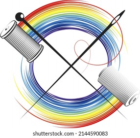 Needle and two spools of thread. Skein of colored threads. Salon tailoring and sewing symbol