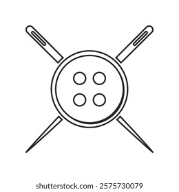 Needlecraft or clothes tailer concept of two sewing needles crossed over behind a button in outline vector