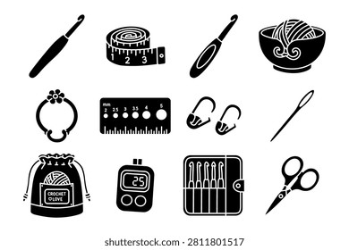 Needlecraft equipment solid icon design set for knitting. Crochet accessories and supplies silhouette illustration element graphic pack for sewing and diy