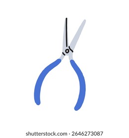 Needle-nose pliers, long snips, hand manual tool for precise cut, bend and repair. Grip handtool for DIY, craft, household, needlework. Flat vector illustration isolated on white background
