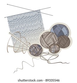 Needles, balls of wool and knitting pattern-collection of women's needlework