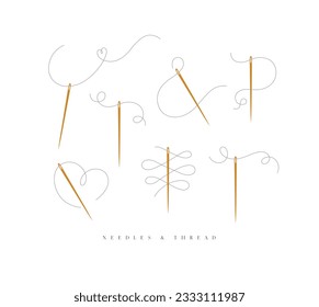 Needles and curly threads collection in different positions drawing on white background