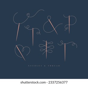 Needles and curly threads collection in different positions drawing on blue background