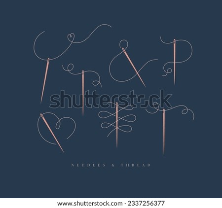 Needles and curly threads collection in different positions drawing on blue background