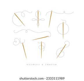 Needles and curly threads in different positions drawing on white background