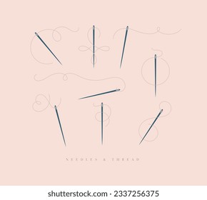 Needles and curly threads in different positions drawing on peach background