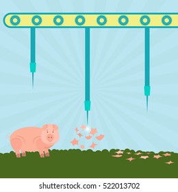 Needles exploding pigs. Machine with needles exploding pigs in the filed. Concept. Metaphorical.