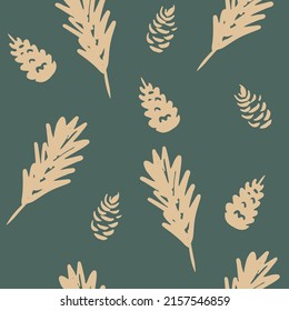 Needles forest pattern. Cute abstract vector seamless illustration with hand drawn doodles elements, cone, branch, needles silhouette. For gifts and background for the Christmas holidays, packaging