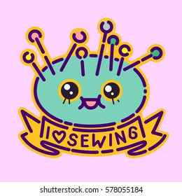 Needles pillow badge, cute kawaii flat design style sign, dressmaker icon, I love sewing lettering, vector cartoon character